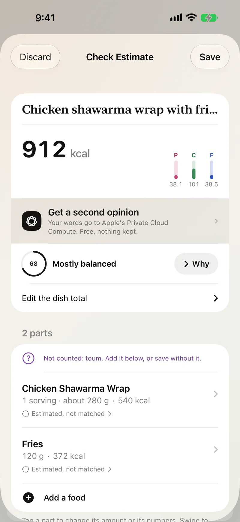 The Check Estimate screen in Plateful. Each part and its portion, before anything is saved.