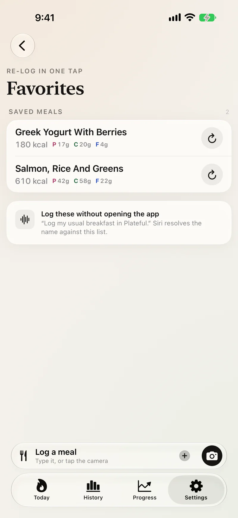 The Favorites screen in Plateful. Meals you eat often.
