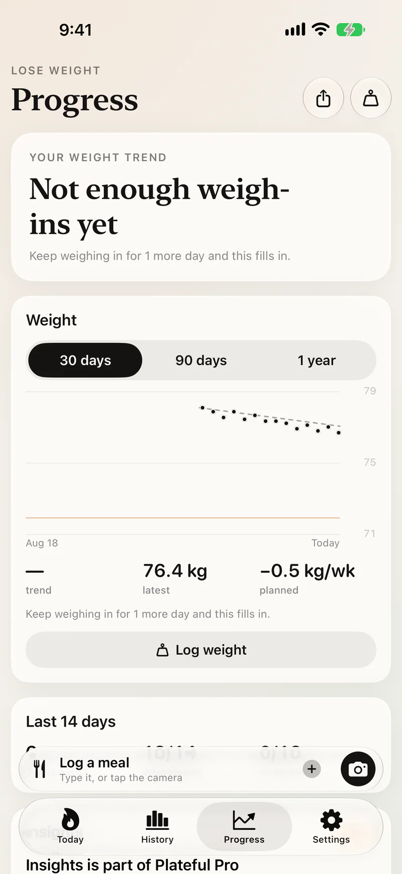 The Progress screen in Plateful. Your weight trend against your plan.