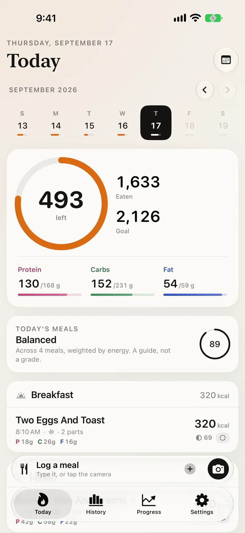The Today screen in Plateful: 493 calories left of 2,126, with protein, carbs and fat bars and the day’s meals.